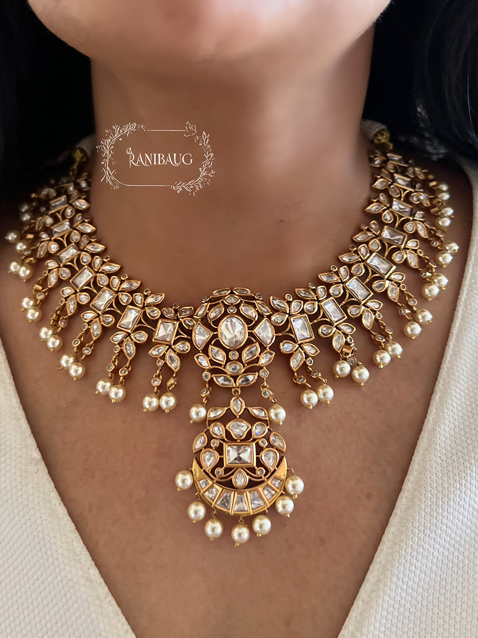 Sonali Polki Kundan Studded Gold Plated Heritage Necklace Set With Pearl Fringes By Ranibaug
