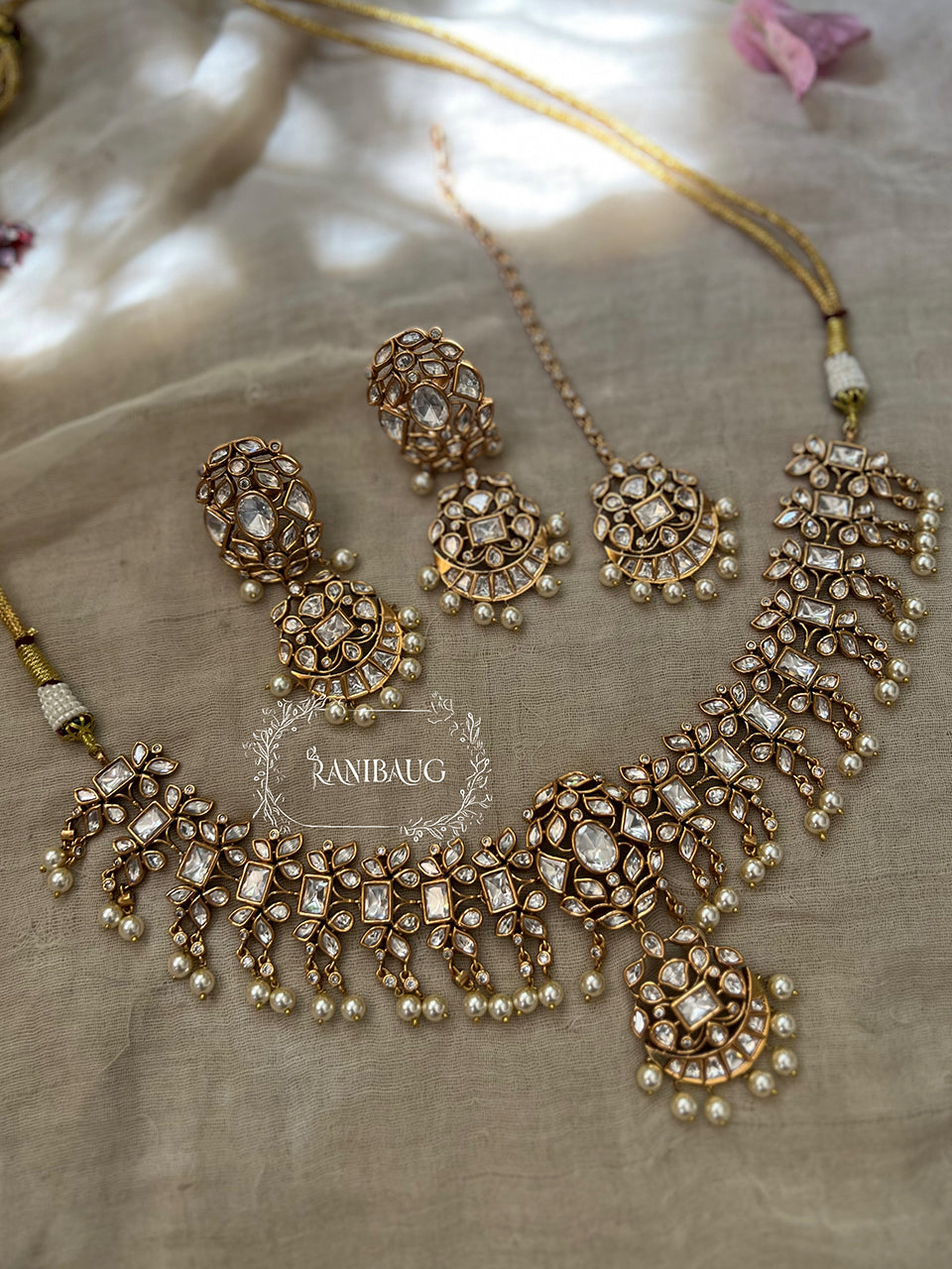 Sonali Polki Kundan Studded Gold Plated Heritage Necklace Set With Pearl Fringes By Ranibaug