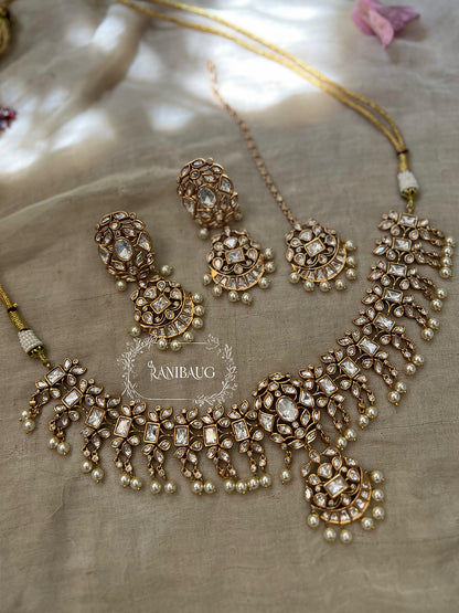 Sonali Polki Kundan Studded Gold Plated Heritage Necklace Set With Pearl Fringes By Ranibaug