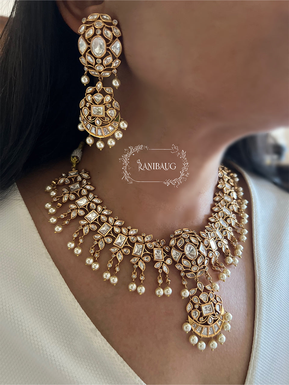 Sonali Polki Kundan Studded Gold Plated Heritage Necklace Set With Pearl Fringes By Ranibaug