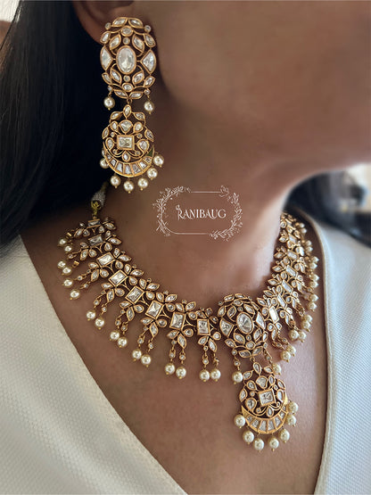 Sonali Polki Kundan Studded Gold Plated Heritage Necklace Set With Pearl Fringes By Ranibaug