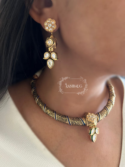 Sri Meenakari Polki Enamel Collar Necklace Set Gold Plated Jewellery By Ranibaug