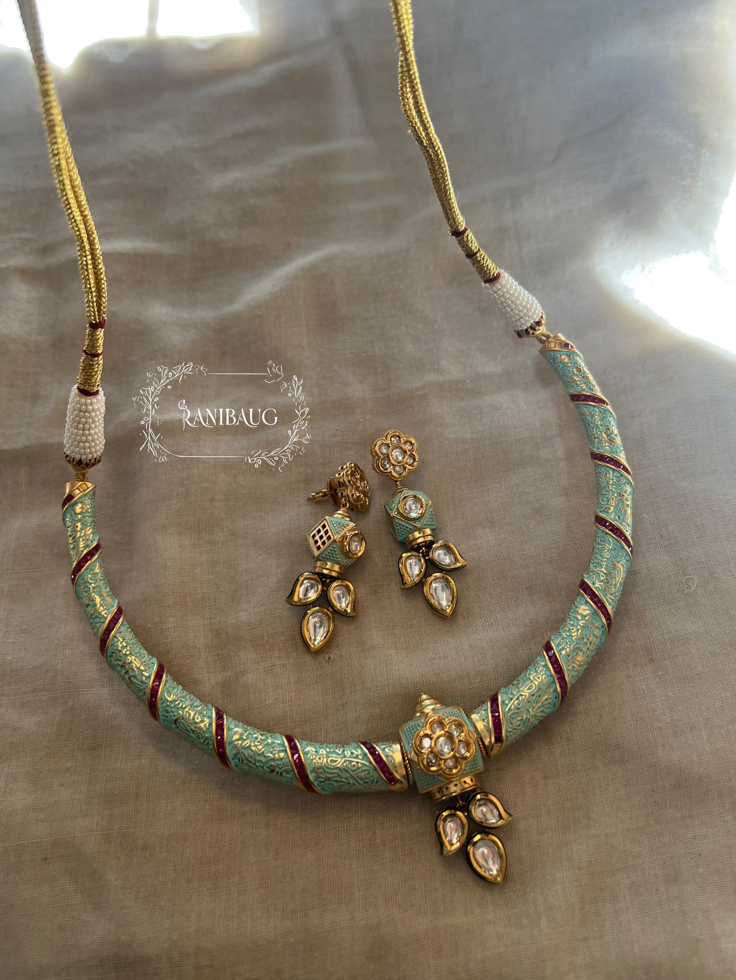 Sri Meenakari Polki Enamel Collar Necklace Set Gold Plated Jewellery By Ranibaug