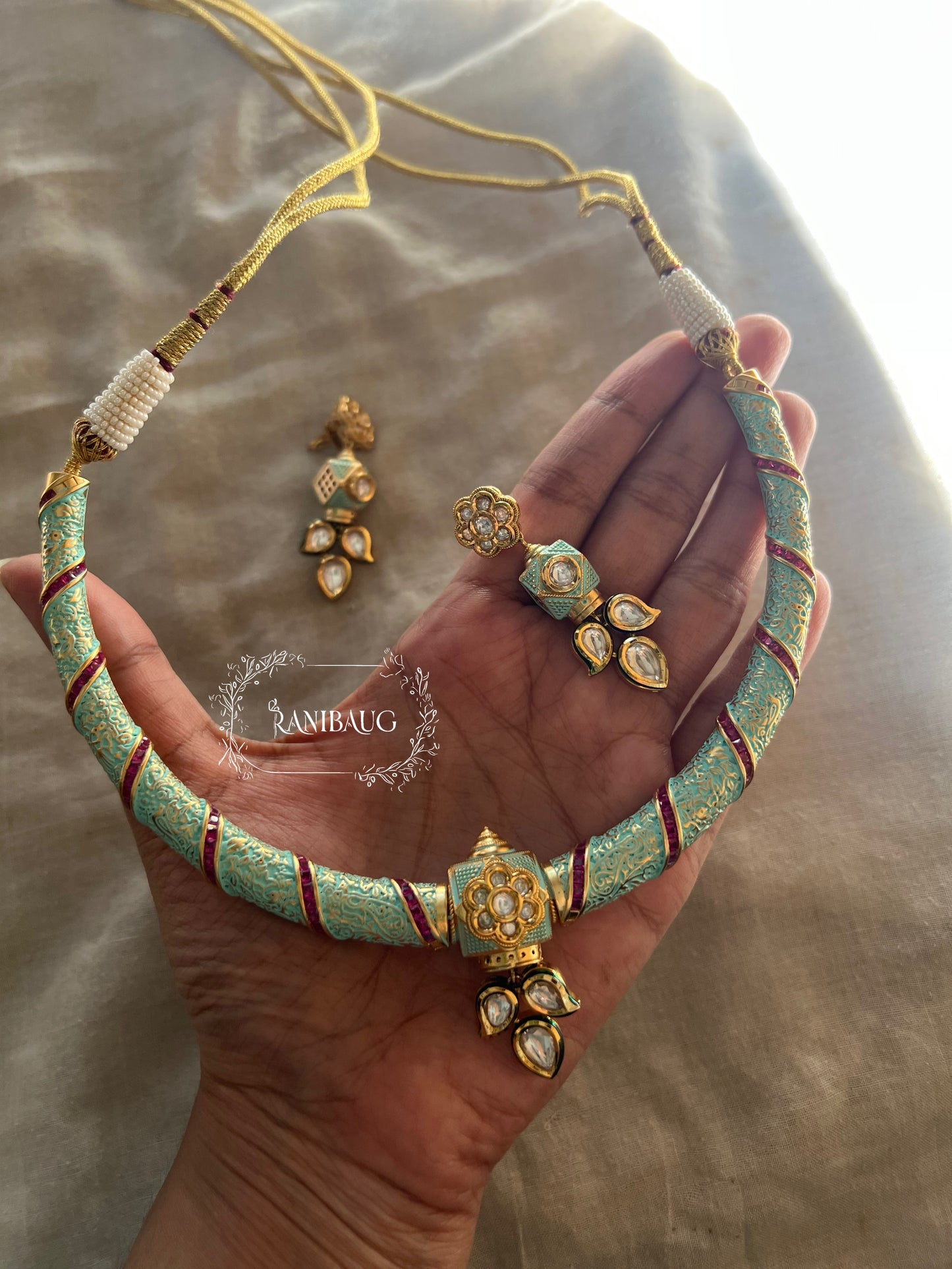 Sri Meenakari Polki Enamel Collar Necklace Set Gold Plated Jewellery By Ranibaug