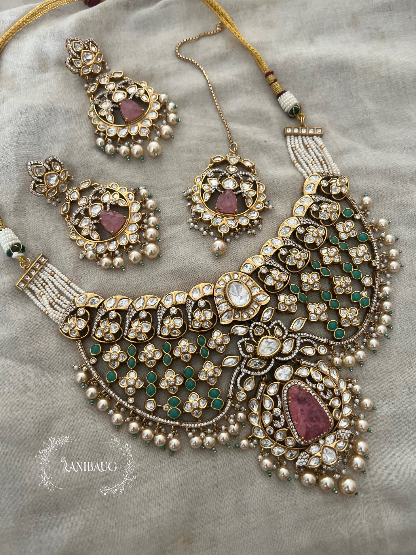 Srishti Mint And Pink Polki Studded In Premium Gold Finish Designer Dreamy Bridal Jewelry Set By Ranibaug
