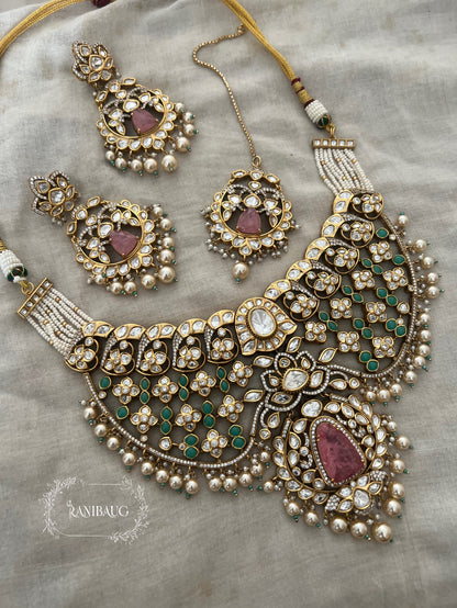 Srishti Mint And Pink Polki Studded In Premium Gold Finish Designer Dreamy Bridal Jewelry Set By Ranibaug