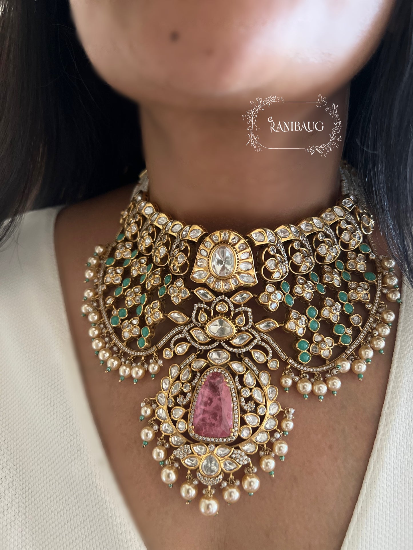 Srishti Mint And Pink Polki Studded In Premium Gold Finish Designer Dreamy Bridal Jewelry Set By Ranibaug
