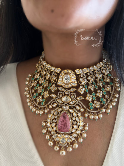 Srishti Mint And Pink Polki Studded In Premium Gold Finish Designer Dreamy Bridal Jewelry Set By Ranibaug