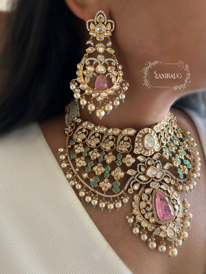 Srishti Mint And Pink Polki Studded In Premium Gold Finish Designer Dreamy Bridal Jewelry Set By Ranibaug