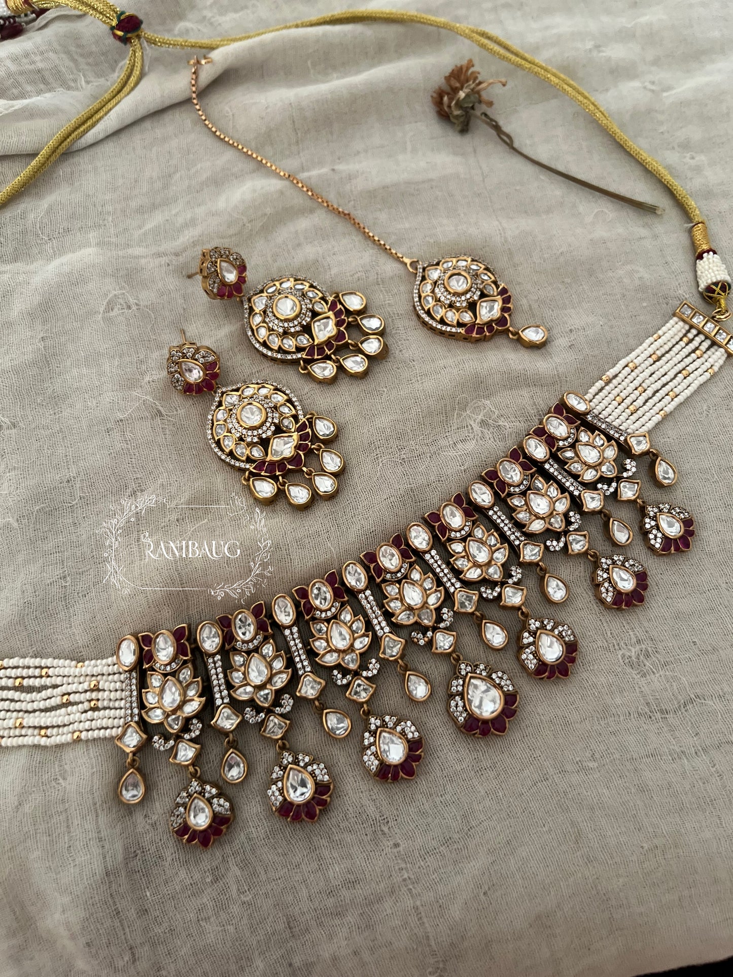 Srishti Royal Victorian Mossainite Necklace Jewellery Set With Maang Tikka By Ranibaug