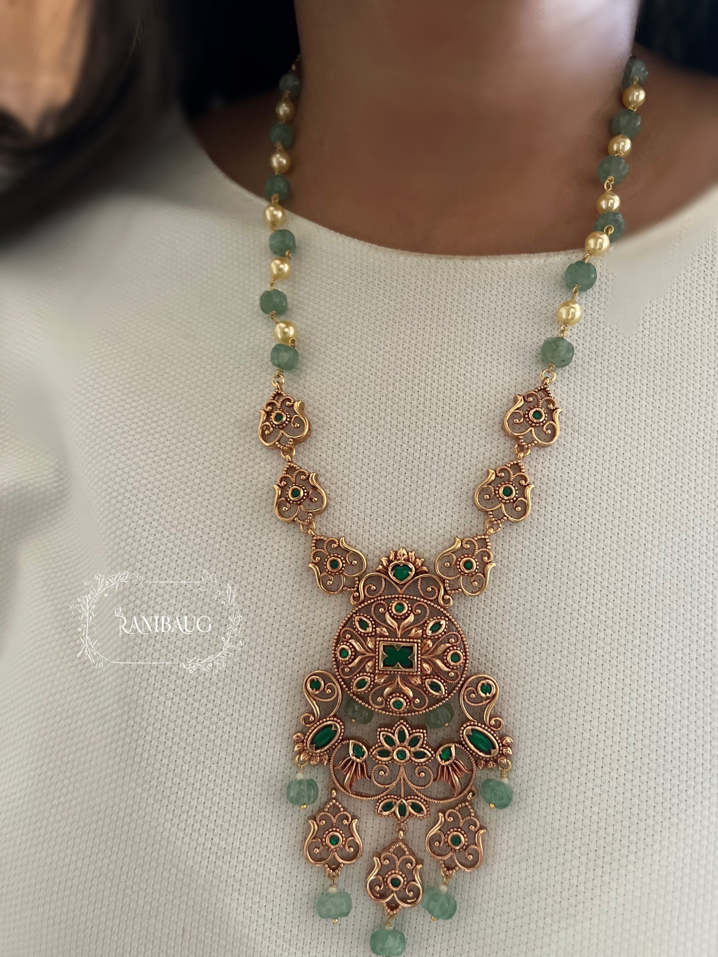Srivalli Emerald Antique Gold Tone Beaded Long South Indian Heritage Necklace Set By Ranibaug