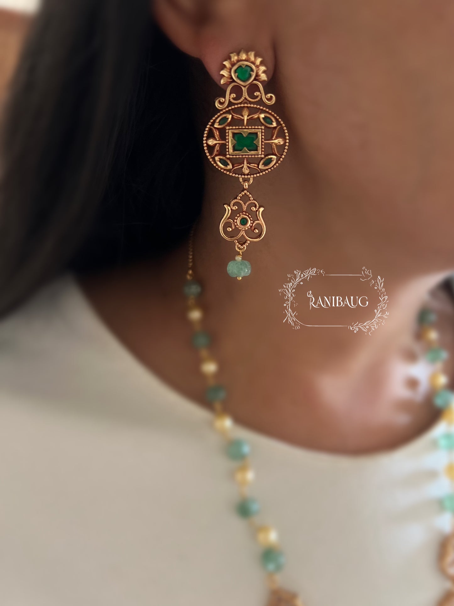 Srivalli Emerald Antique Gold Tone Beaded Long South Indian Heritage Necklace Set By Ranibaug