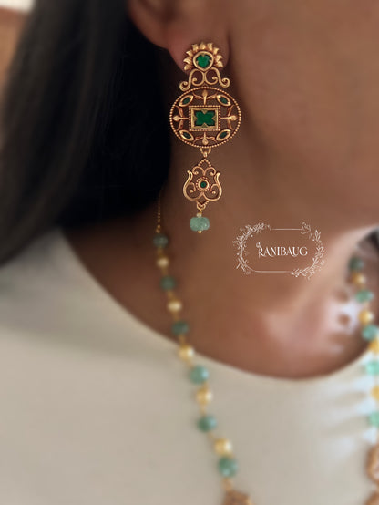 Srivalli Emerald Antique Gold Tone Beaded Long South Indian Heritage Necklace Set By Ranibaug