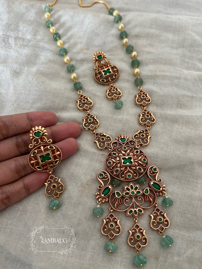 Srivalli Emerald Antique Gold Tone Beaded Long South Indian Heritage Necklace Set By Ranibaug