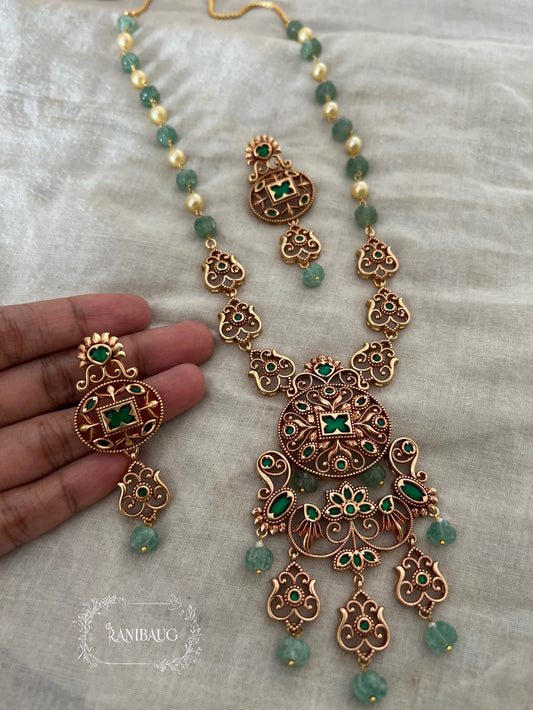 Srivalli Emerald Antique Gold Tone Beaded Long South Indian Heritage Necklace Set By Ranibaug