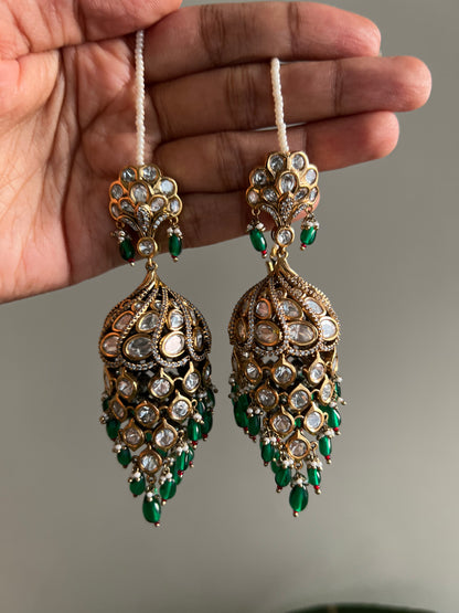 Statement Peacock Polki Kundan Diamond Drop Jhumka Earrings RB