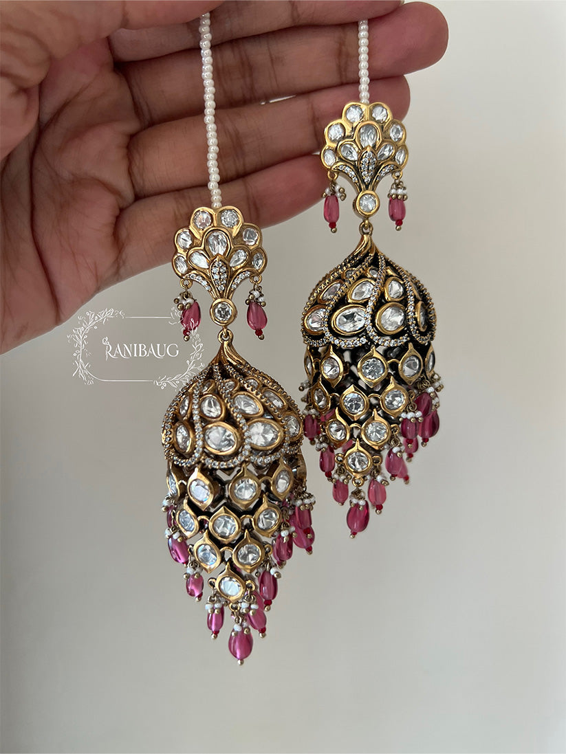 Statement Peacock Polki Kundan Diamond Drop Jhumka Earrings RB
