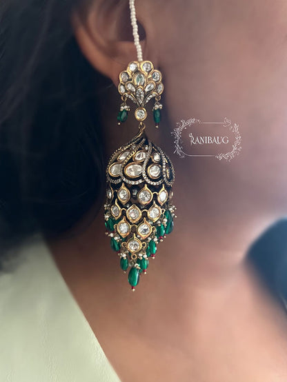 Statement Peacock Polki Kundan Diamond Drop Jhumka Earrings RB