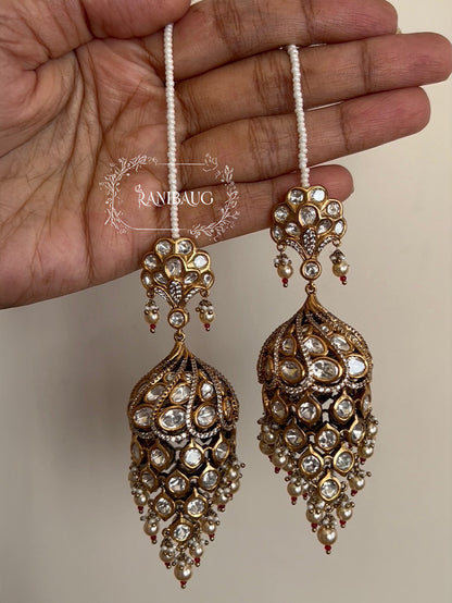 Statement Peacock Polki Kundan Diamond Drop Jhumka Earrings RB