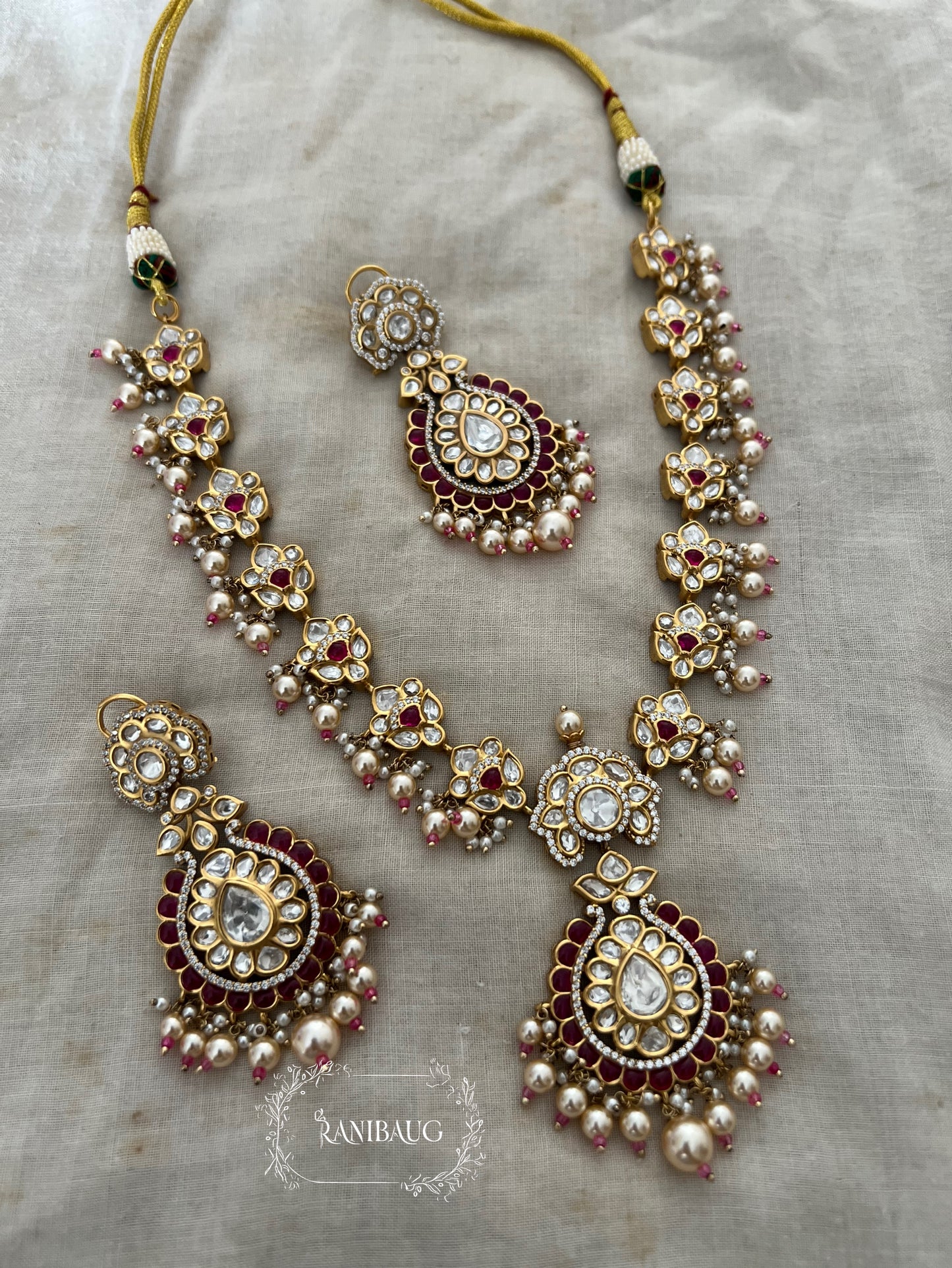 Sudiksha Polki Floral Gold Finish Pearl Fringe Royale Necklace Jewellery Set By Ranibaug