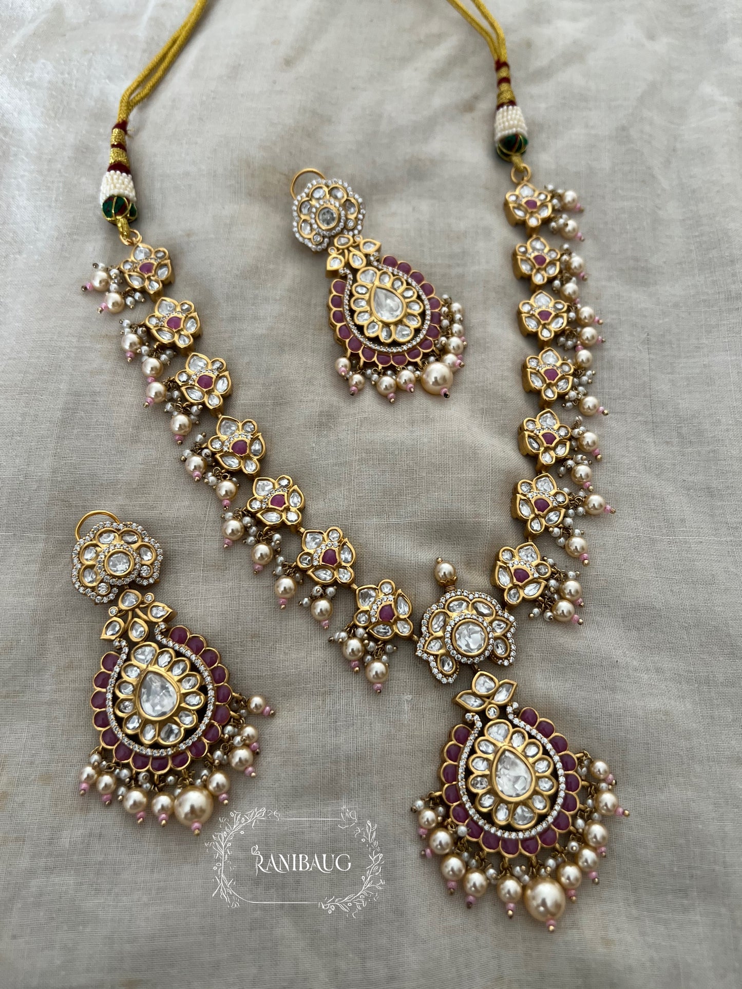 Sudiksha Polki Floral Gold Finish Pearl Fringe Royale Necklace Jewellery Set By Ranibaug