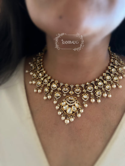 Suhani Sunburst Designer Necklace With Pearls In Rich Gold Finish By Ranibaug