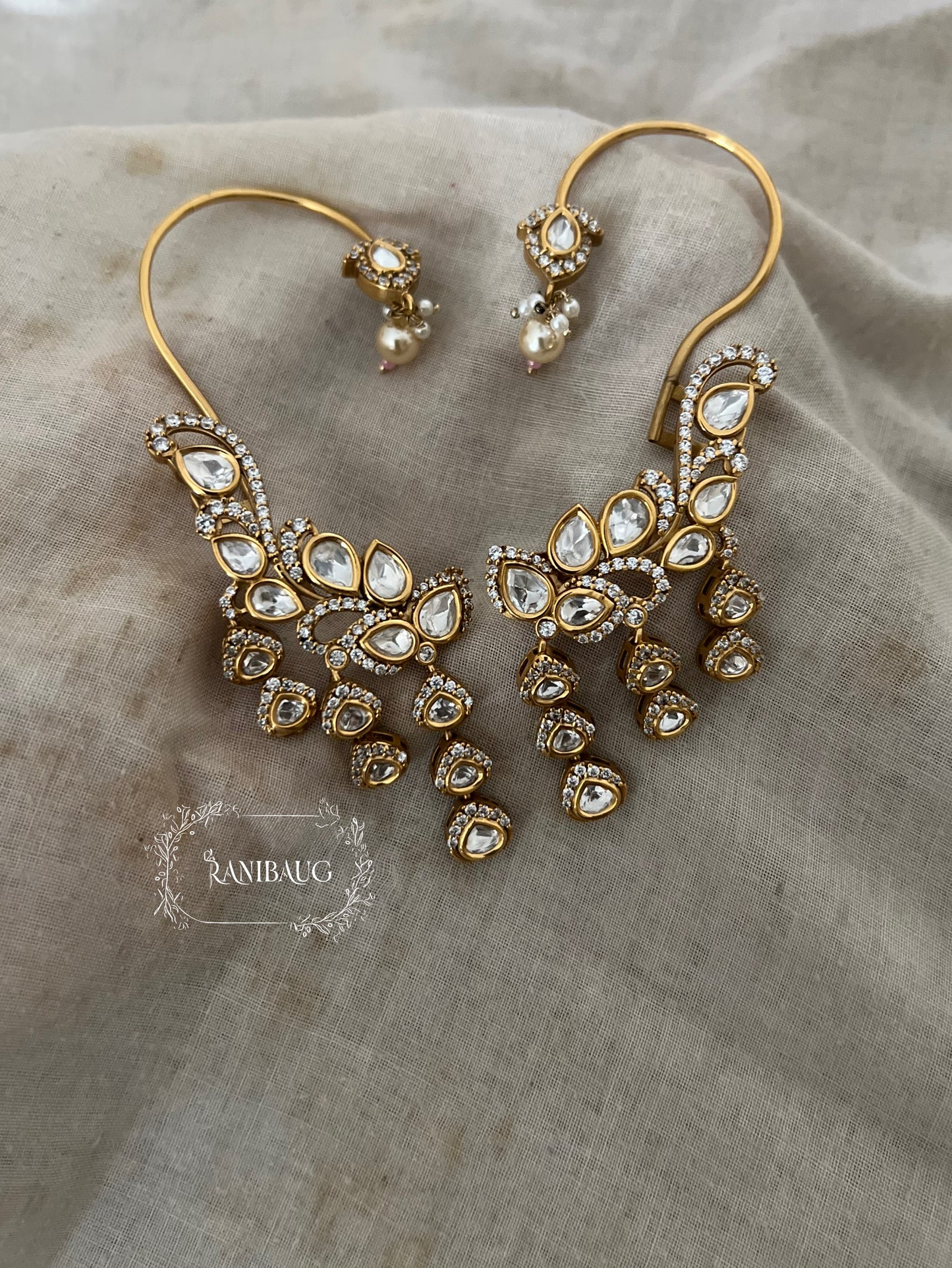 Suhasini Antique Gold Finish Rich Polki Studded Polki Fall Drops Indian Ear Cuff Jewelry By Ranibaug