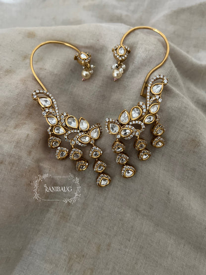 Suhasini Antique Gold Finish Rich Polki Studded Polki Fall Drops Indian Ear Cuff Jewelry By Ranibaug