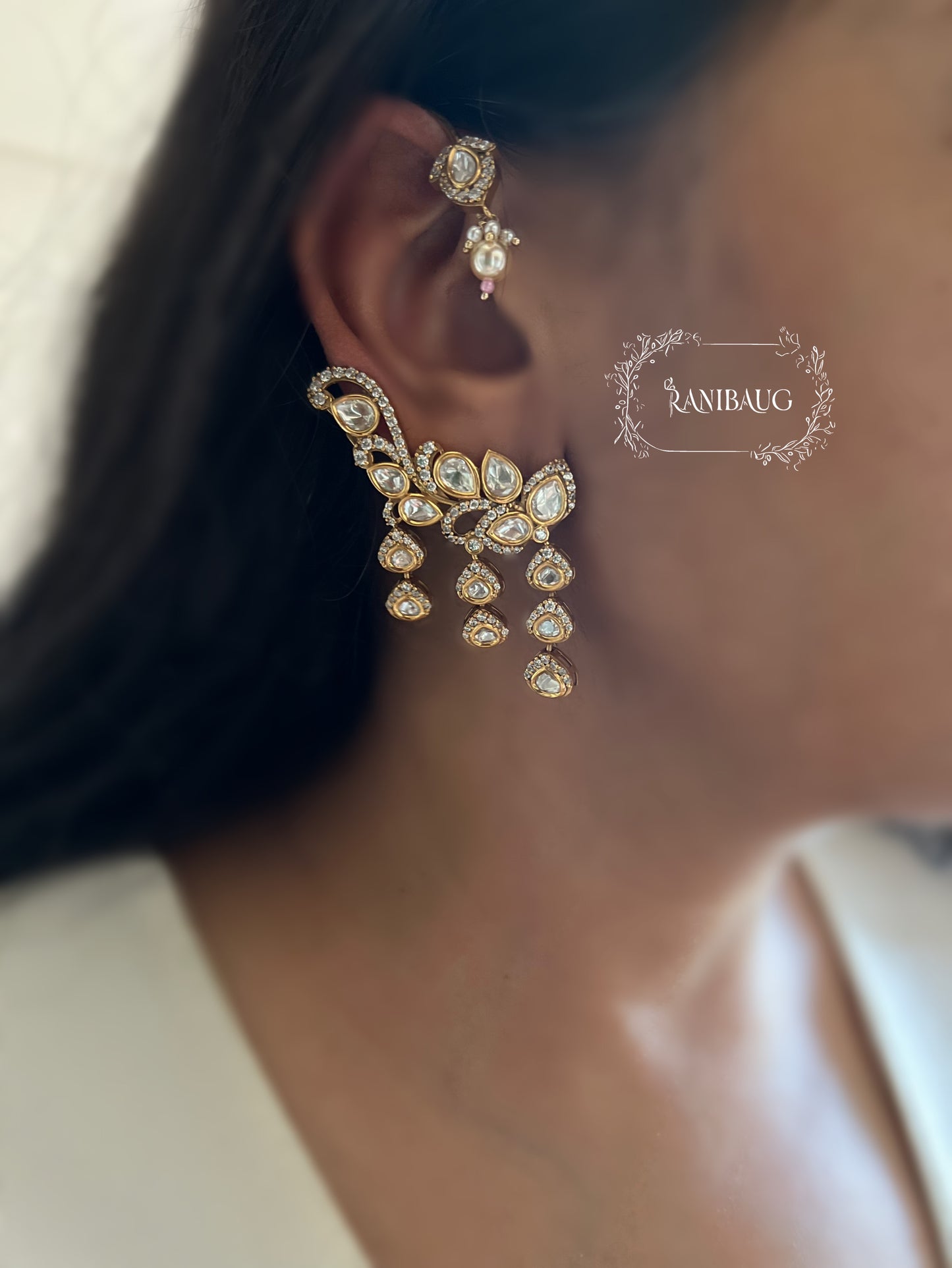 Suhasini Antique Gold Finish Rich Polki Studded Polki Fall Drops Indian Ear Cuff Jewelry By Ranibaug