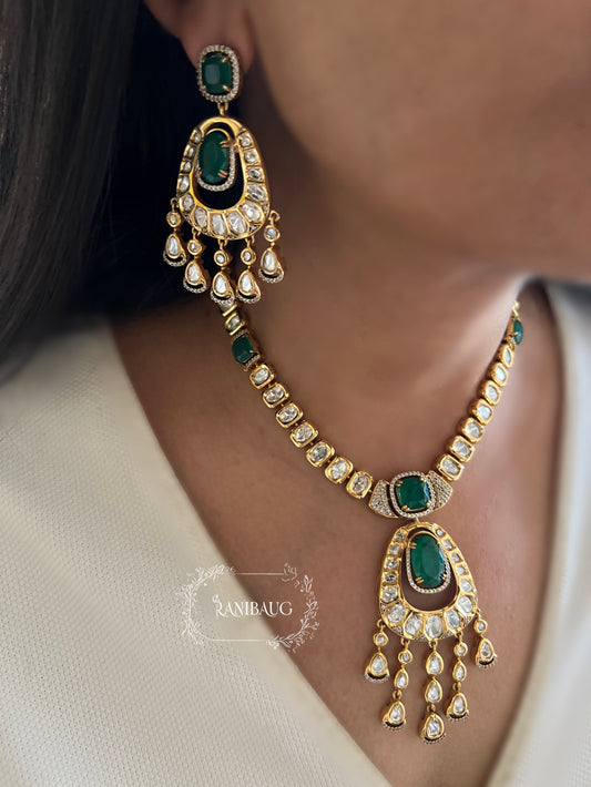 Suman Emerald Green Gemstone Teardrop Motif In Kundan Studs And Premium Gold Finish Necklace Jewellery Set By Ranibaug