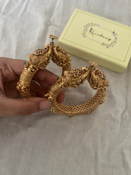 Sumitra Heavy Kangan Antique Gold Matte Finish Elephant Motif By Ranibaug