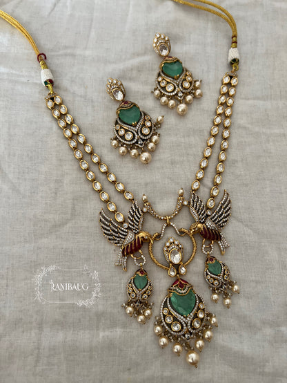 Surabhi Bird Motif Unique Royal Statement Designer Polki Gold Finish Necklace Set By Ranibaug