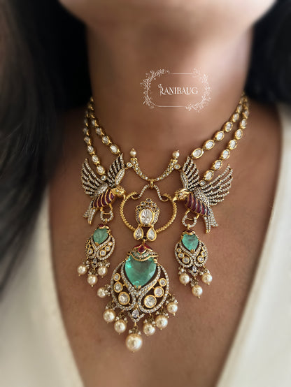 Surabhi Bird Motif Unique Royal Statement Designer Polki Gold Finish Necklace Set By Ranibaug