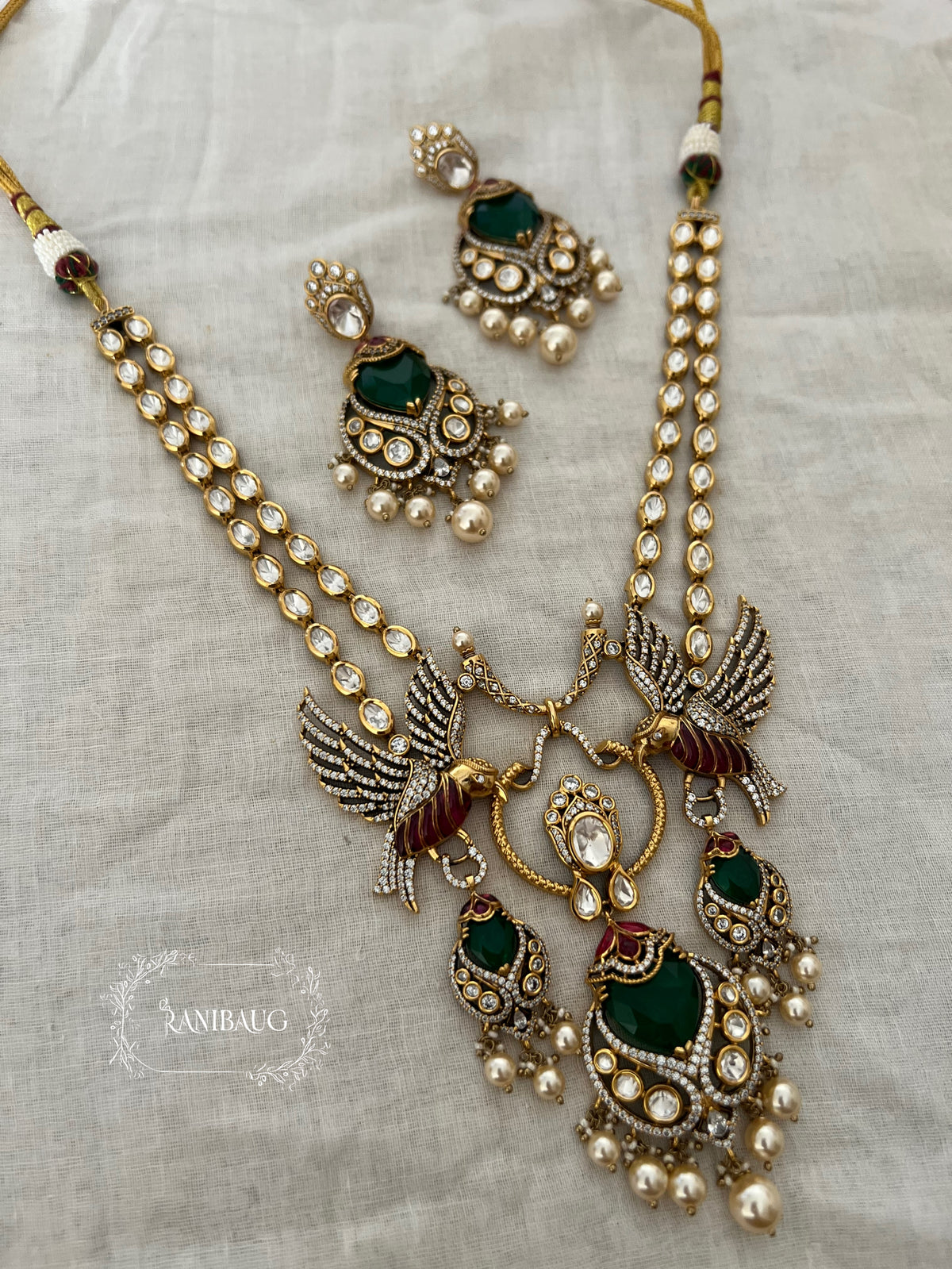 Surabhi Bird Motif Unique Royal Statement Designer Polki Gold Finish Necklace Set By Ranibaug