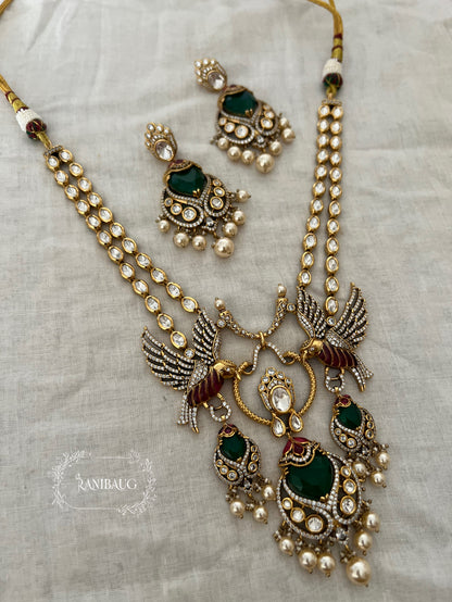 Surabhi Bird Motif Unique Royal Statement Designer Polki Gold Finish Necklace Set By Ranibaug