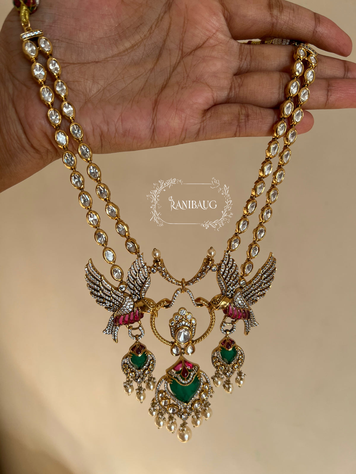 Surabhi Bird Motif Unique Royal Statement Designer Polki Gold Finish Necklace Set By Ranibaug