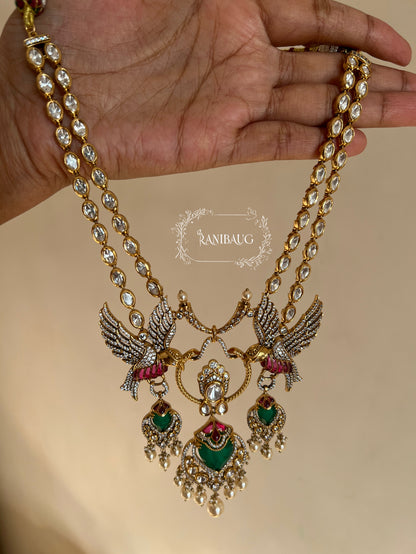 Surabhi Bird Motif Unique Royal Statement Designer Polki Gold Finish Necklace Set By Ranibaug