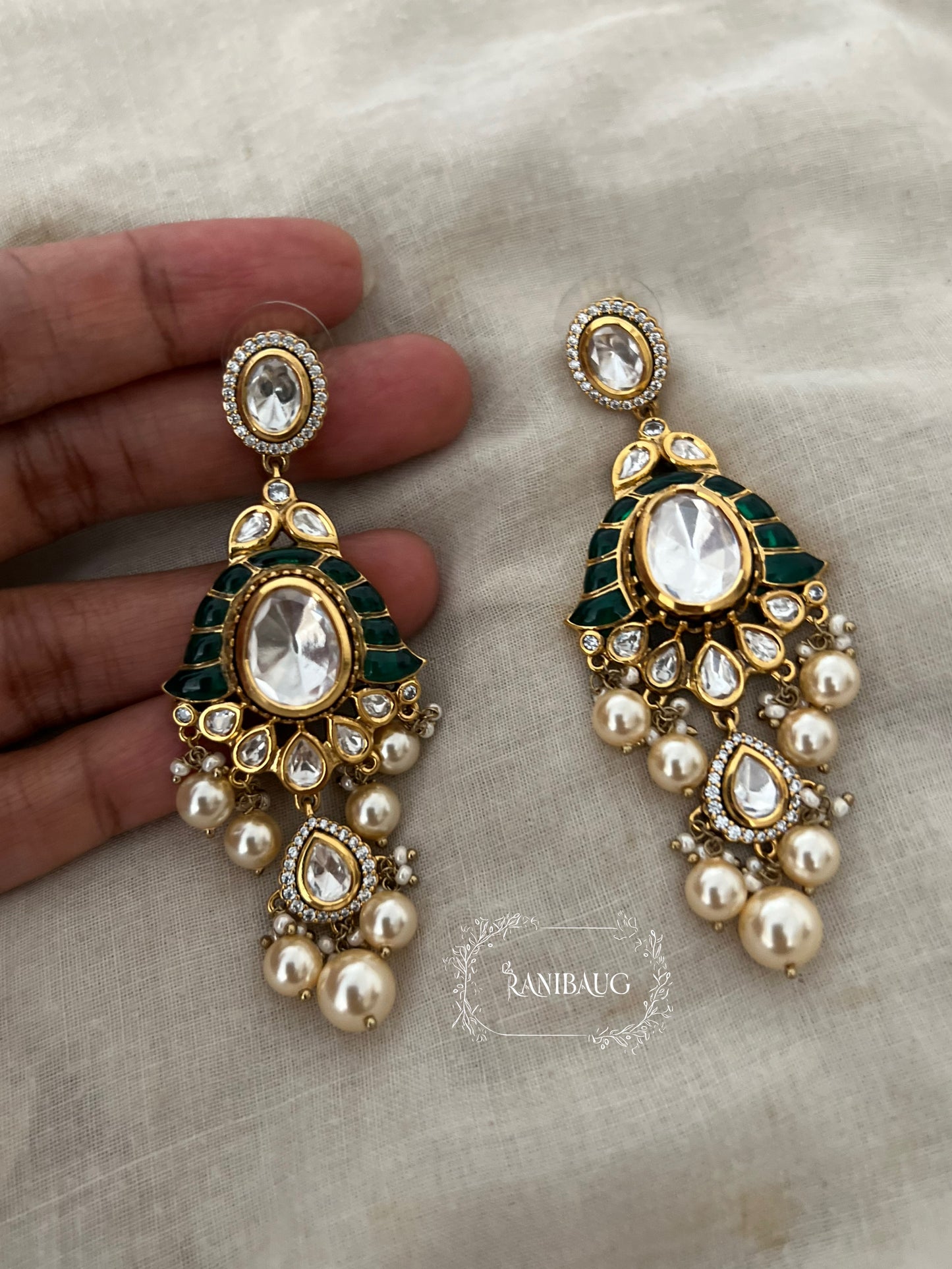 Surabhi Polki Kundan Pearl Adorned Enamel Work Gold Finish Premium Earrings Jewelry By Ranibaug