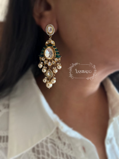 Surabhi Polki Kundan Pearl Adorned Enamel Work Gold Finish Premium Earrings Jewelry By Ranibaug