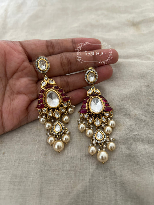 Surabhi Polki Kundan Pearl Adorned Enamel Work Gold Finish Premium Earrings Jewelry By Ranibaug