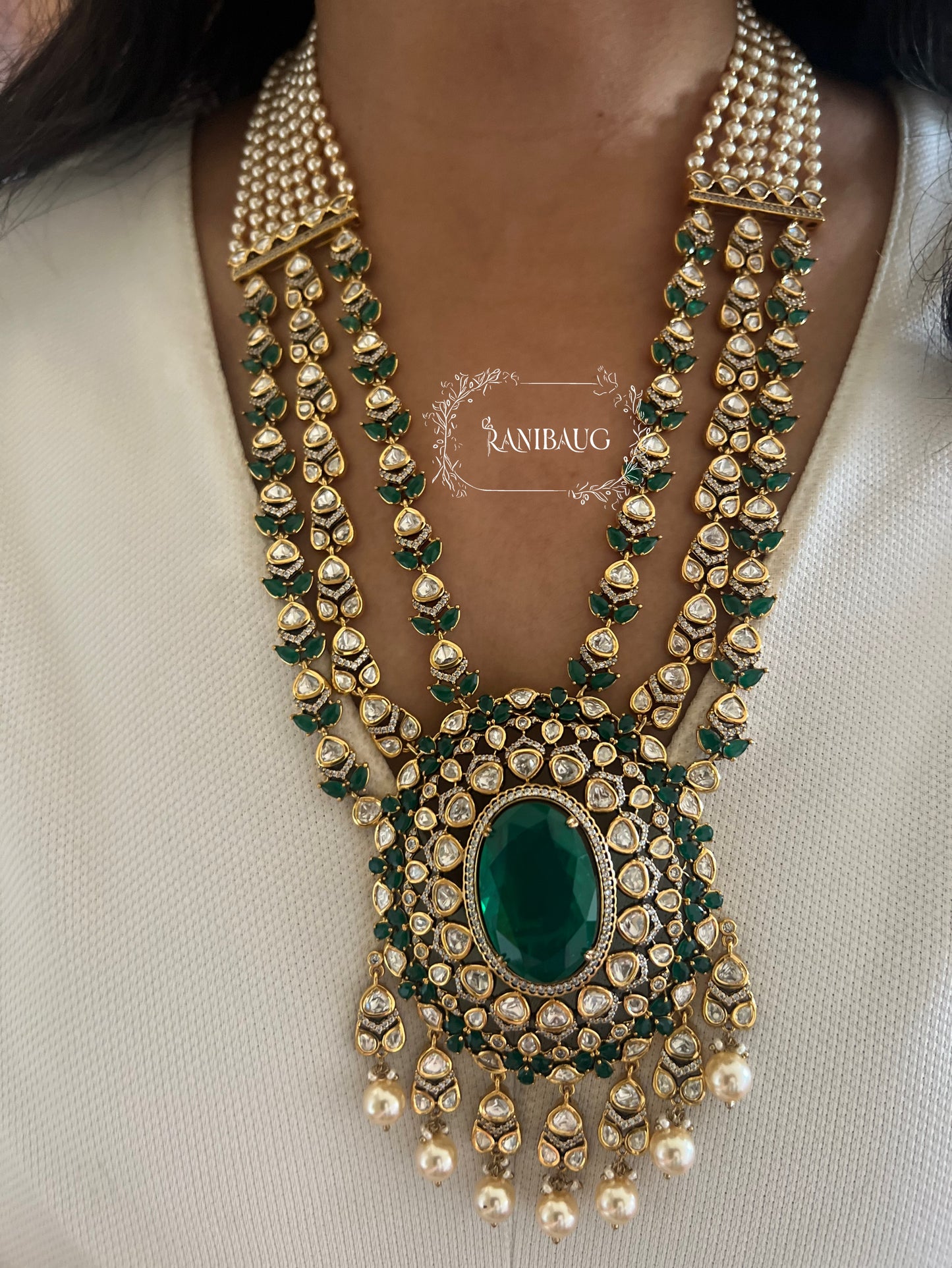 Surbhi Emerald Stone Green Polki Kundan Royal Necklace Jewelry Set By Ranibaug