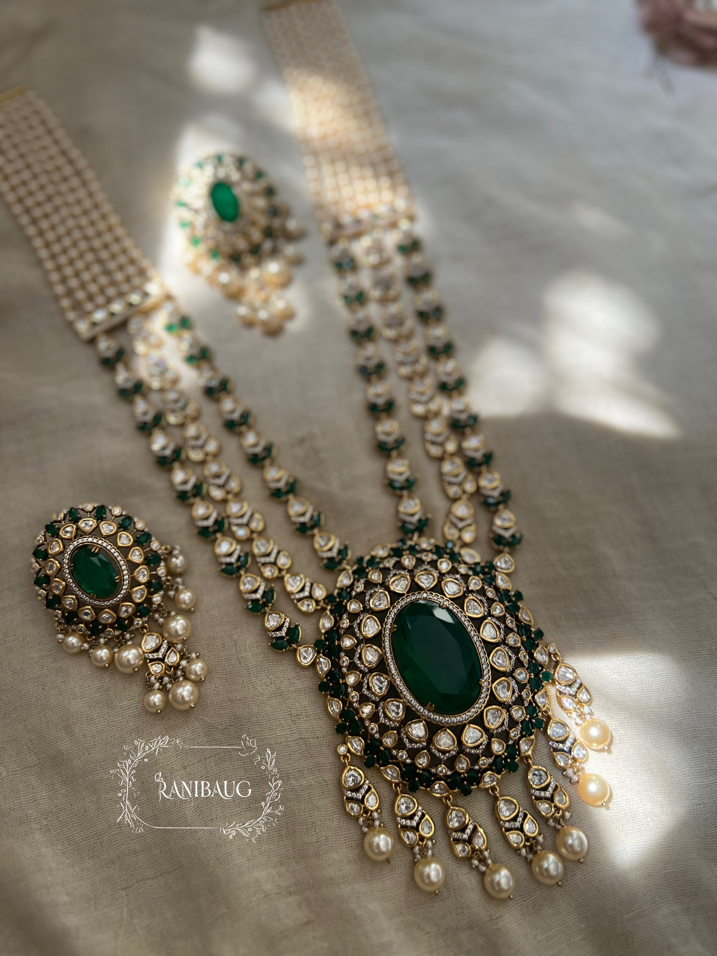 Surbhi Emerald Stone Green Polki Kundan Royal Necklace Jewelry Set By Ranibaug