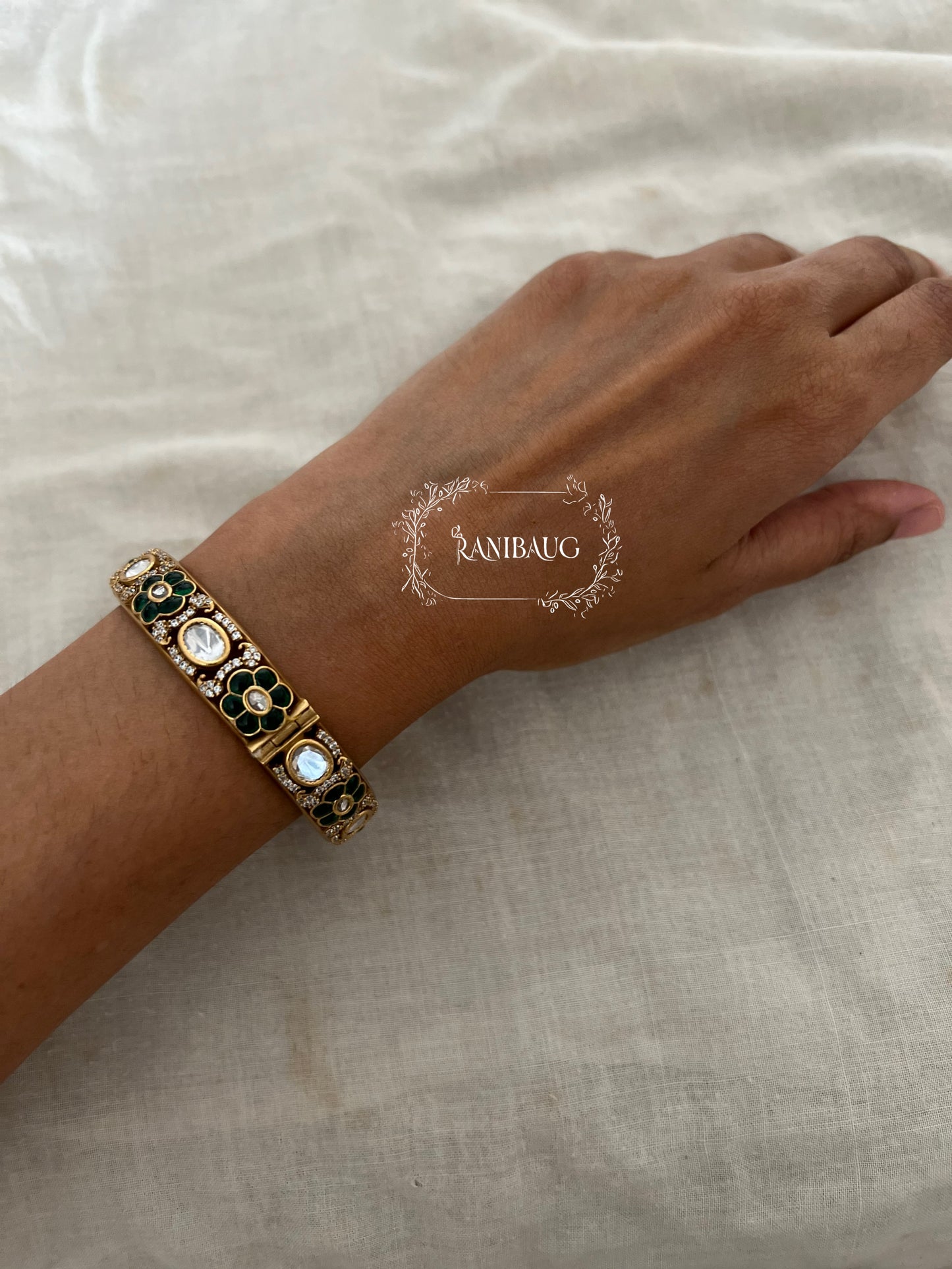 Surja Floral And Kundan Motif Victorian Finish Antique Gold Tone Bangles By Ranibaug