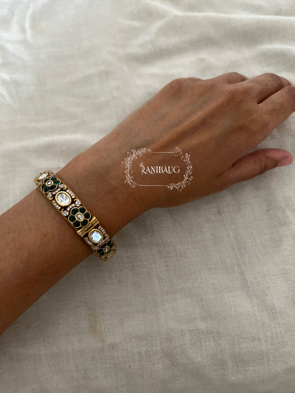 Surja Floral And Kundan Motif Victorian Finish Antique Gold Tone Bangles By Ranibaug