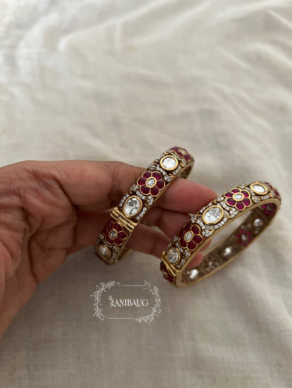 Surja Floral And Kundan Motif Victorian Finish Antique Gold Tone Bangles By Ranibaug