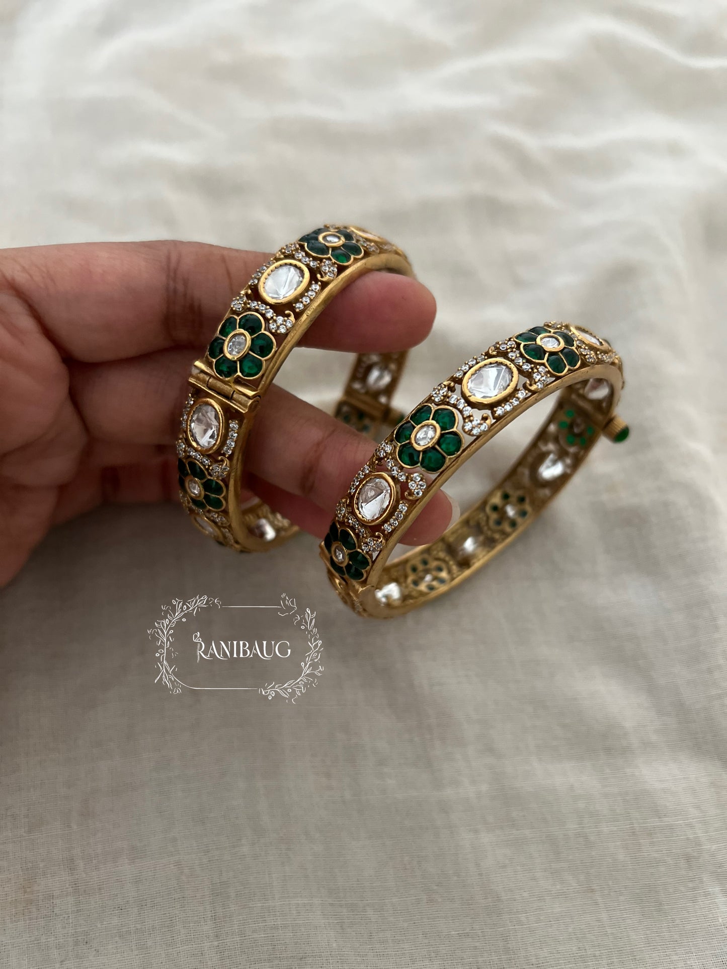 Surja Floral And Kundan Motif Victorian Finish Antique Gold Tone Bangles By Ranibaug
