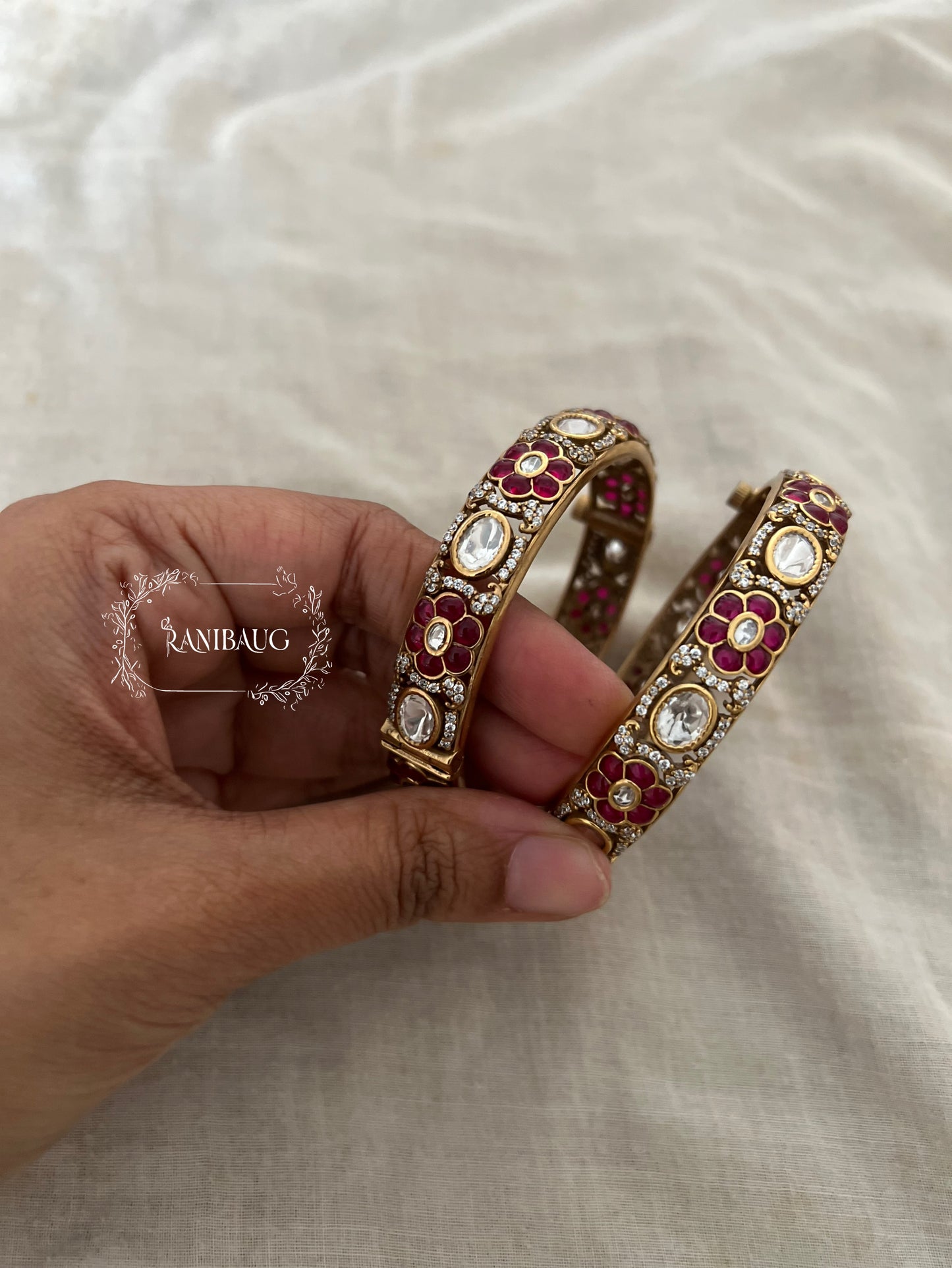 Surja Floral And Kundan Motif Victorian Finish Antique Gold Tone Bangles By Ranibaug