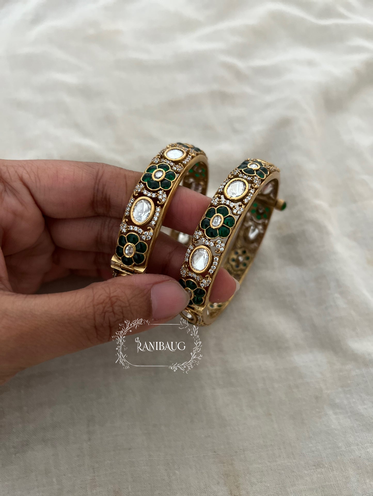 Surja Floral And Kundan Motif Victorian Finish Antique Gold Tone Bangles By Ranibaug