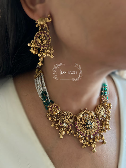 Swara Antique Gold Finish Heritage Choker Necklace Set By Ranibaug