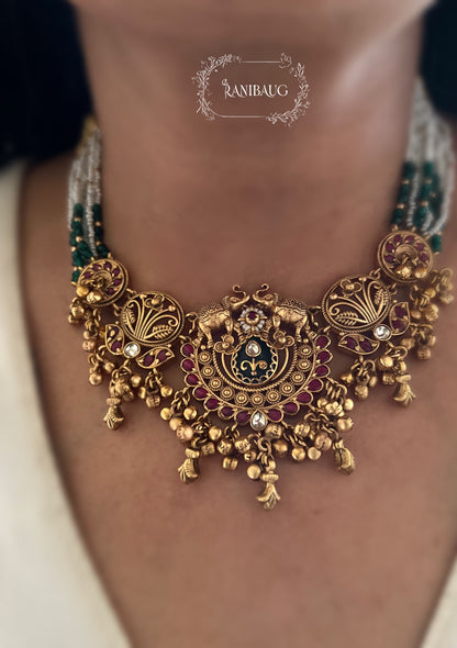 Swara Antique Gold Finish Heritage Choker Necklace Set By Ranibaug